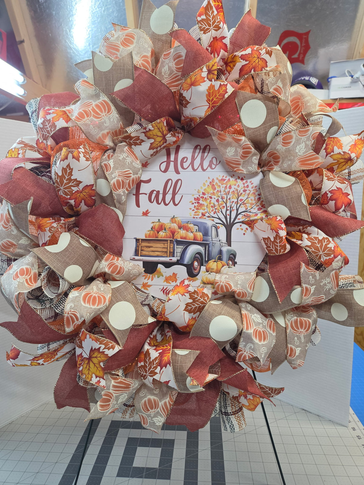 wreath w/ hello fall truck & autumn leaves